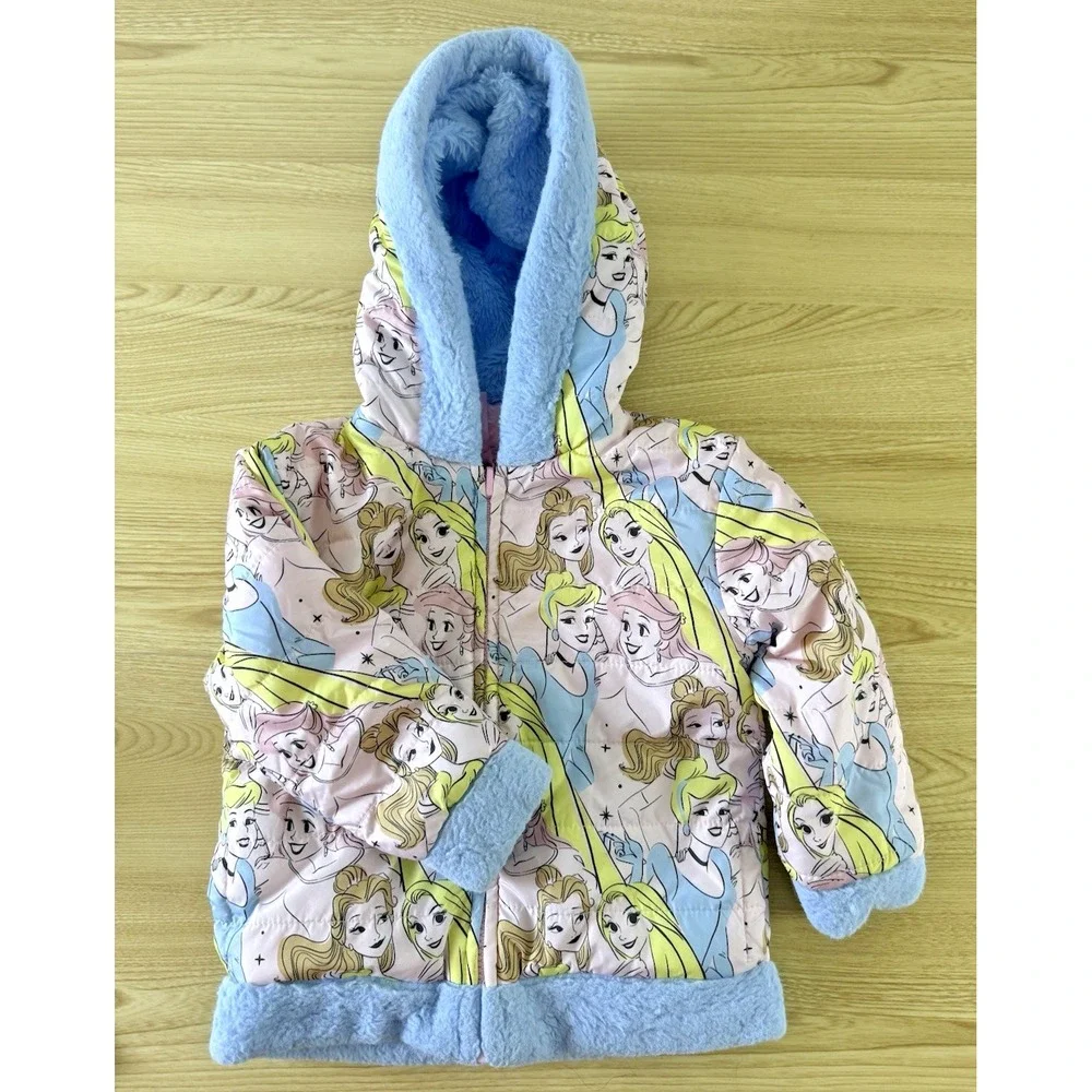 Disney Princess Reversible Puffer Jacket Girls 2T Pink Blue Faux Fur Hooded Coat